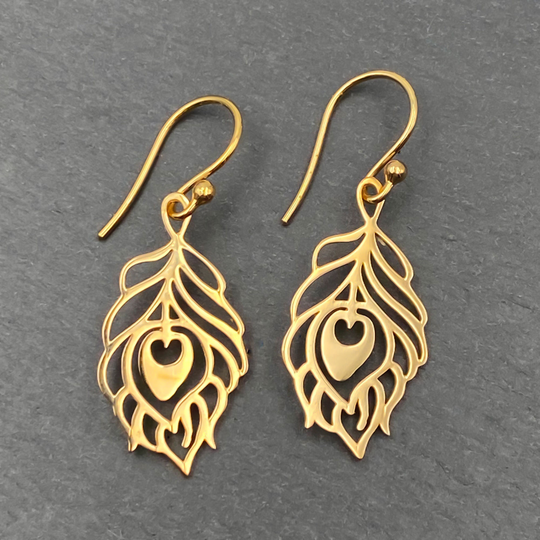 Gold Peacock Feather Earrings For Women, Bronze, Dangle Earrwire Hooks