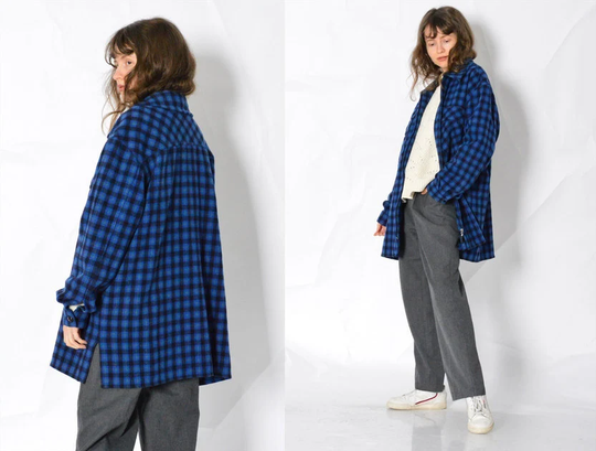 Vintage 90S Blue Check Grunge Wool Blend Womens Zipper Shirt Size M