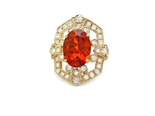 6.50 Carats Natural Citrine & Diamond 14K Solid Yellow Gold Ring