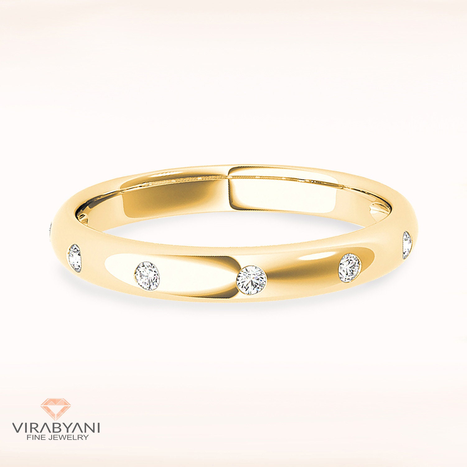 Diamond Wedding Band - 14K/18K Solid Yellow Gold | Classic Ring With Bezel Set Diamonds Anniversary Band