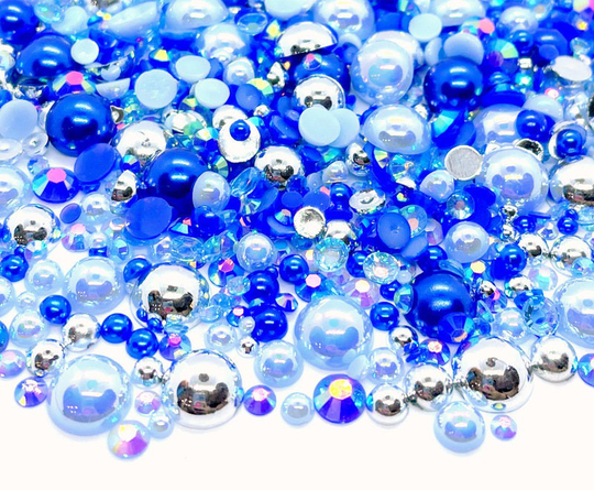 Pisces Zodiac Blend Rhinestone Mix 2mm-10mm Flatback Jelly Resin | Faux Pearls Mixed Sizes, Blue Cobalt Silver