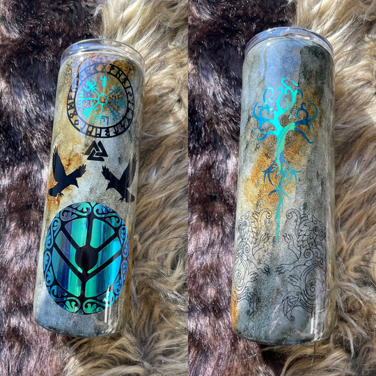 Shieldmaiden Lagerthas Shield Vikings Custom Tumbler World Tree Odins Ravens & Wolves Blue Holographic