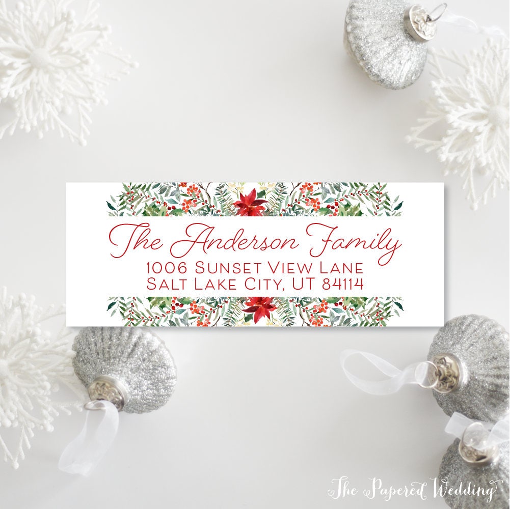 Red & Green Floral Return Address Labels - Christmas Flower For Card Personalized Stickers 030