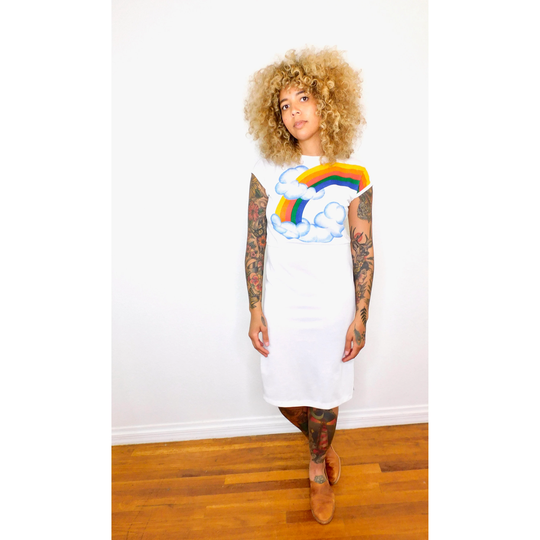 Rainbow Cloud Dress // Vintage Sun White 70S Boho Hippie High Waist Hippy Midi S Small