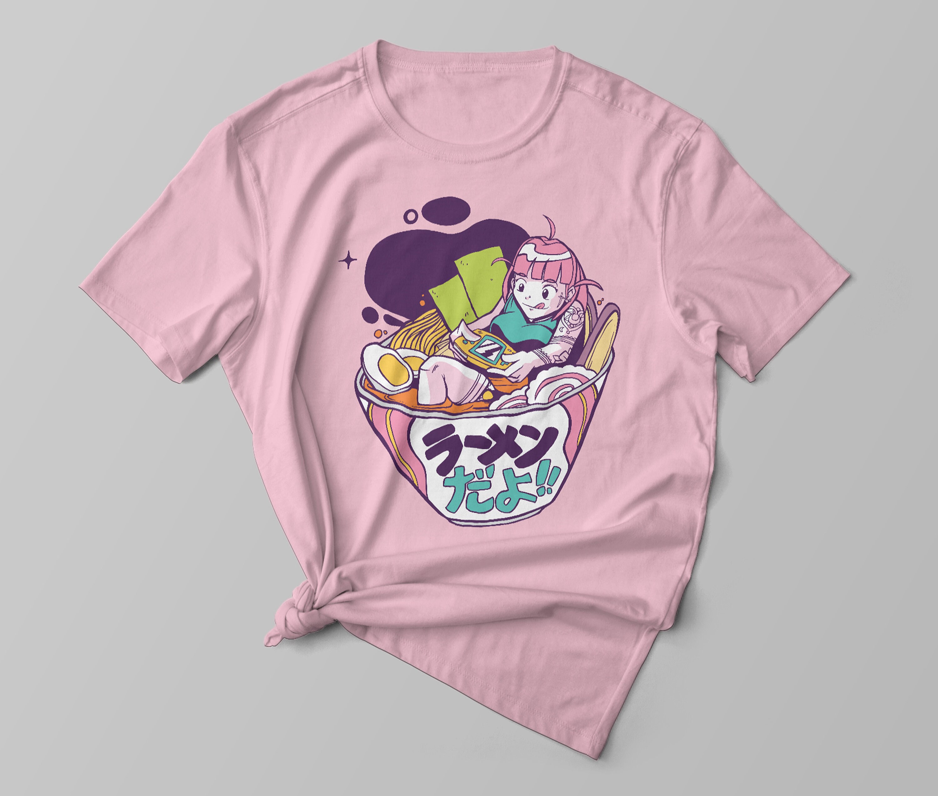 Anime Girl Gaming Ramen T-Shirt - Playing Video Games in A Bowl Of Ramen Japanese Manga T-Shirt, Kanji Kawaii Gift