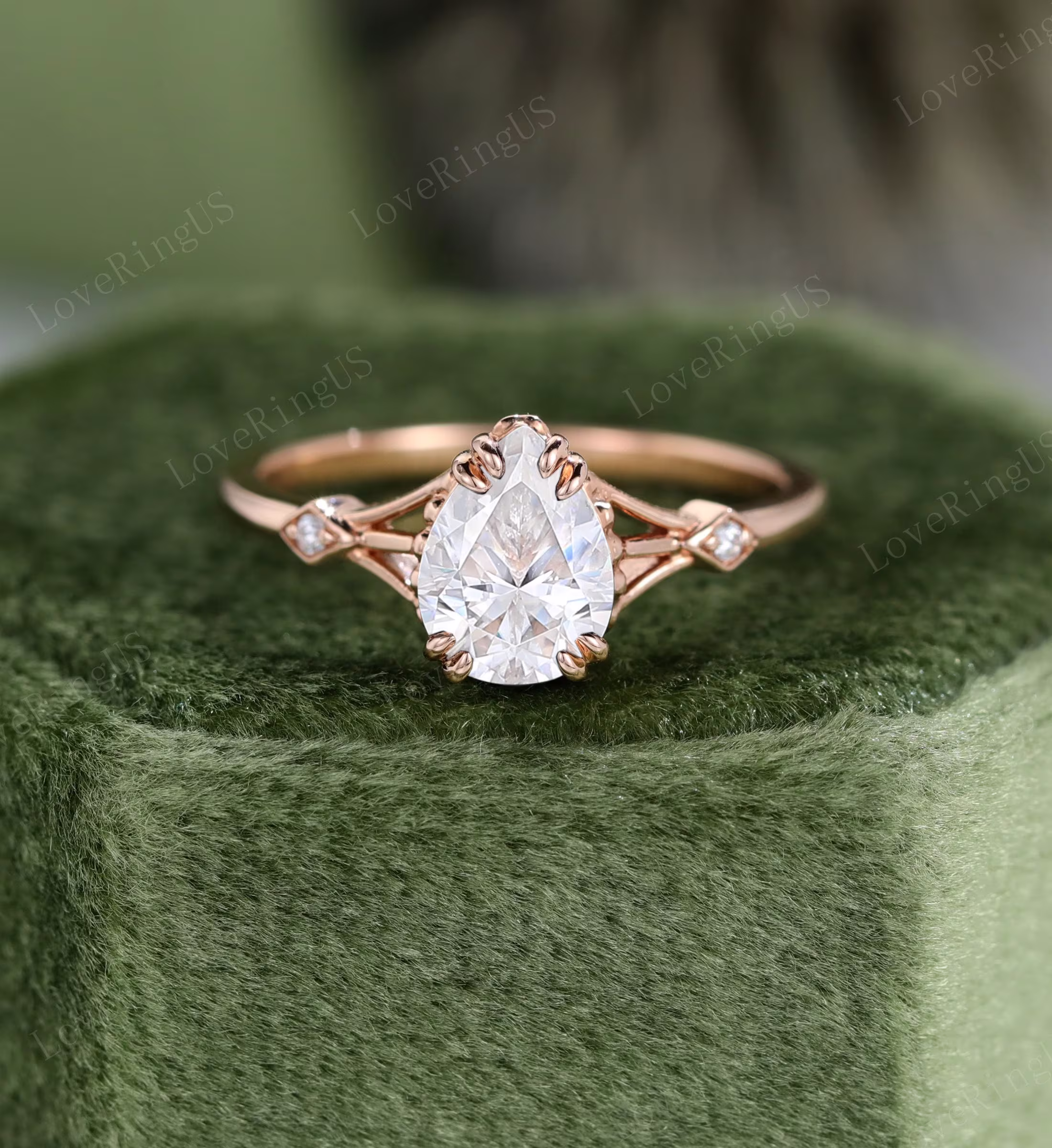 Vintage Moissanite Engagement Ring Women Rose Gold Diamond Pear Shaped Art Deco Bridal Promise Anniversary