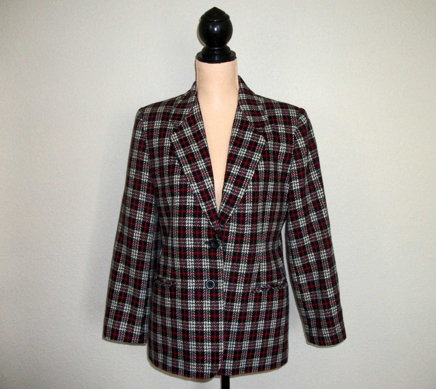 Plaid Jacket Blazer Wool Blend Size 6 Petite Small Black Red Warm Winter Clothes Suit