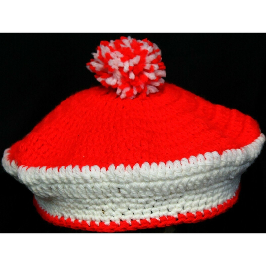 Hand Crochet Red White Beret Hat Pom Christmas Holiday 1Sz Slouch Beanie Cap
