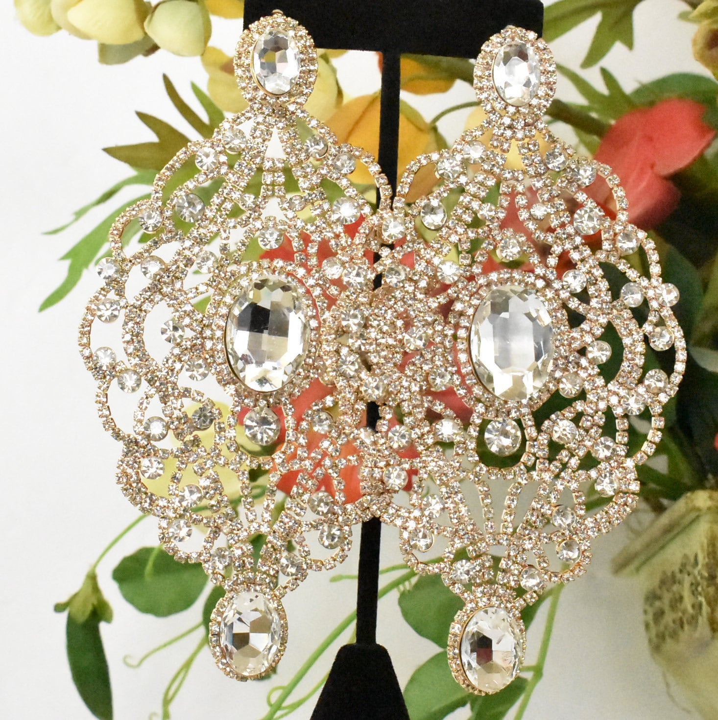 Huge Long Clear Crystal Large Gold Earrings, Prom Chunky Chandelier Earrings, Wide Oversized Earrings