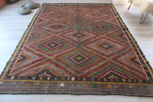 Vintage Kilim Rug, Large Ethnic Kilim, Area Jijim Rug, Bohemian/N-953 6'5"x9'5"