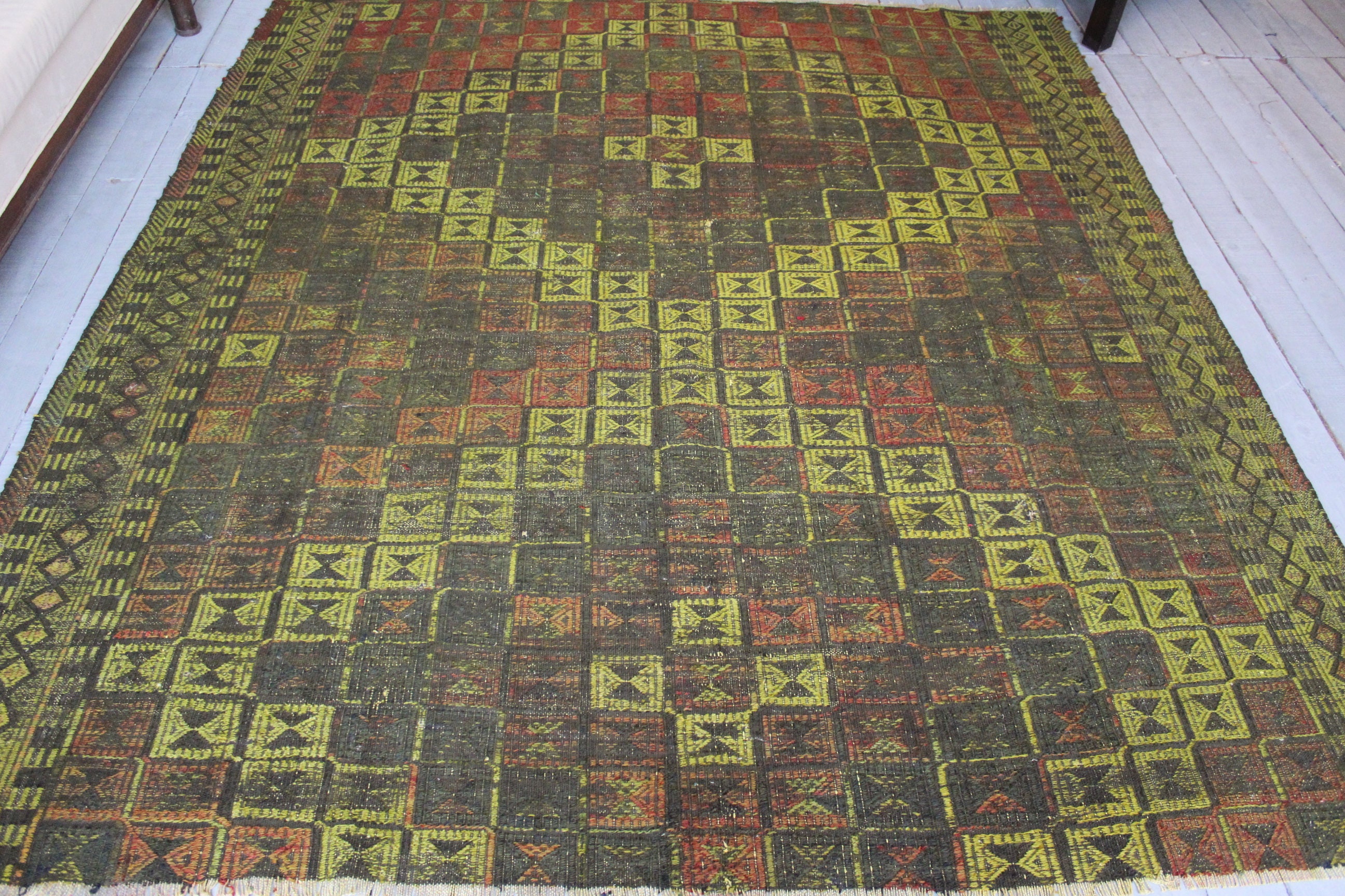 6'5x7'0 Vintage Green Kilim Rug, Ethnic Area Kilim, Bohemian Handwoven Wool Turkish Rug"