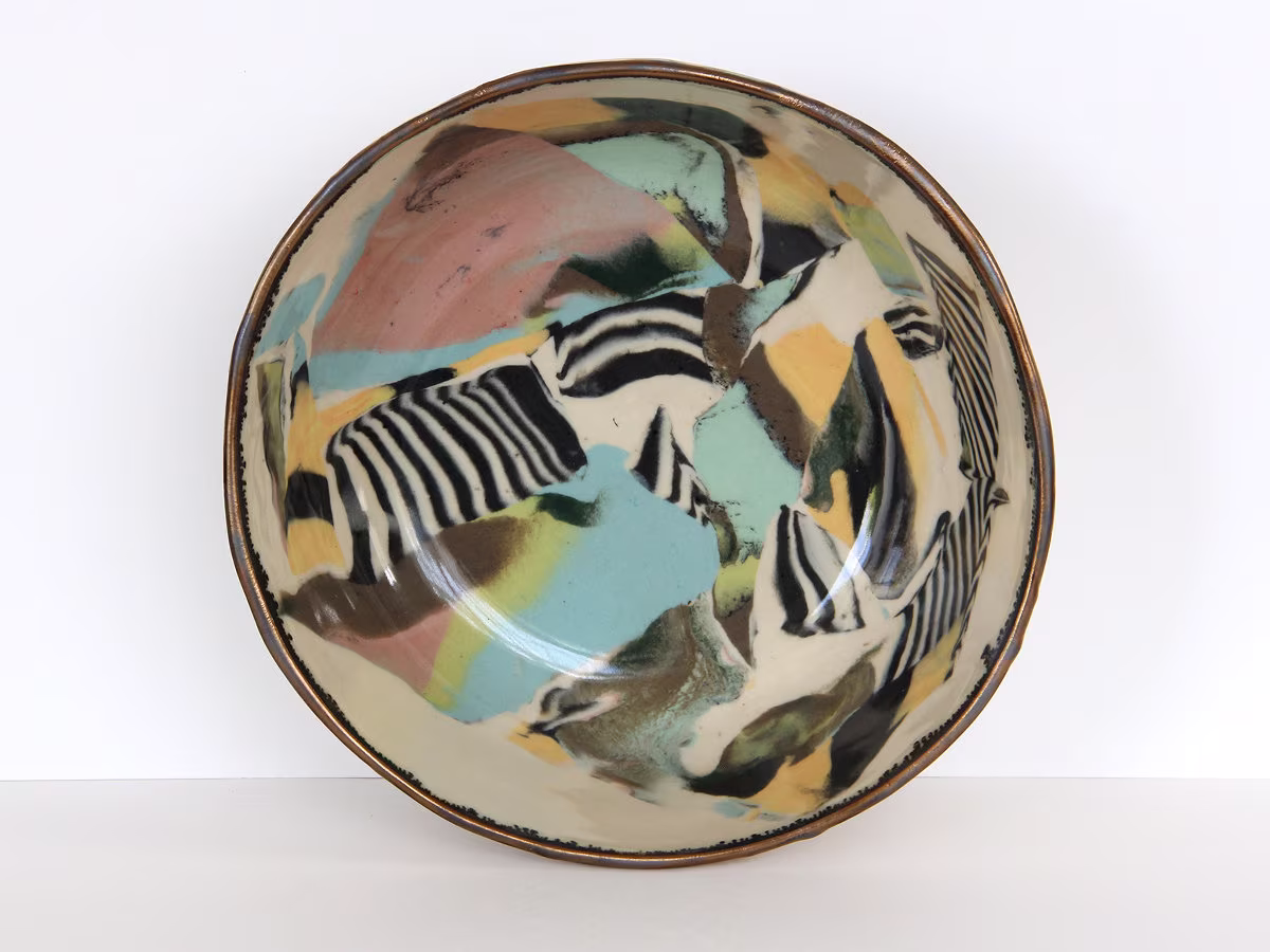 Large Rainbow Nerikomi Bowl, Colorful Tropical Stoneware Dish, Abstract Pink Green Gold Blue Ceramic Bowl, Clay Ramen Noodle Bowl