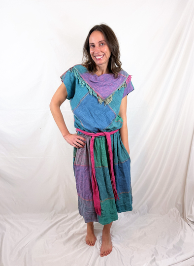 Vintage 1980S 80S Rainbow Linen Blend Fun Dress - Pedestal