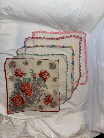 Vintage Set Of 5 Cloth Handkerchiefs, Crocheted, Colorful Edges, Floral Details
