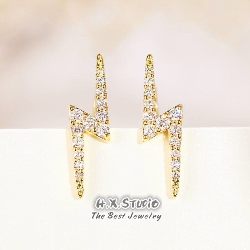Lightning Bolt Earrings, Solid 18K Gold, Genuine Diamond, Trendy Jewelry, Gift For Her, Christmas, Customization Jewelry