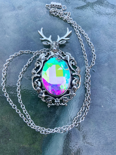 The Huntress Inspired Goddess Winter Diana Stag Aurora Borealis Pendant Necklace Gift For Women