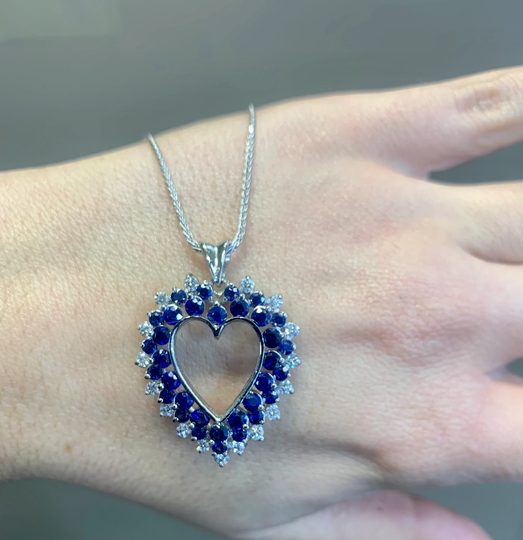 14Kt White Gold Sapphire & Diamond Heart Necklace