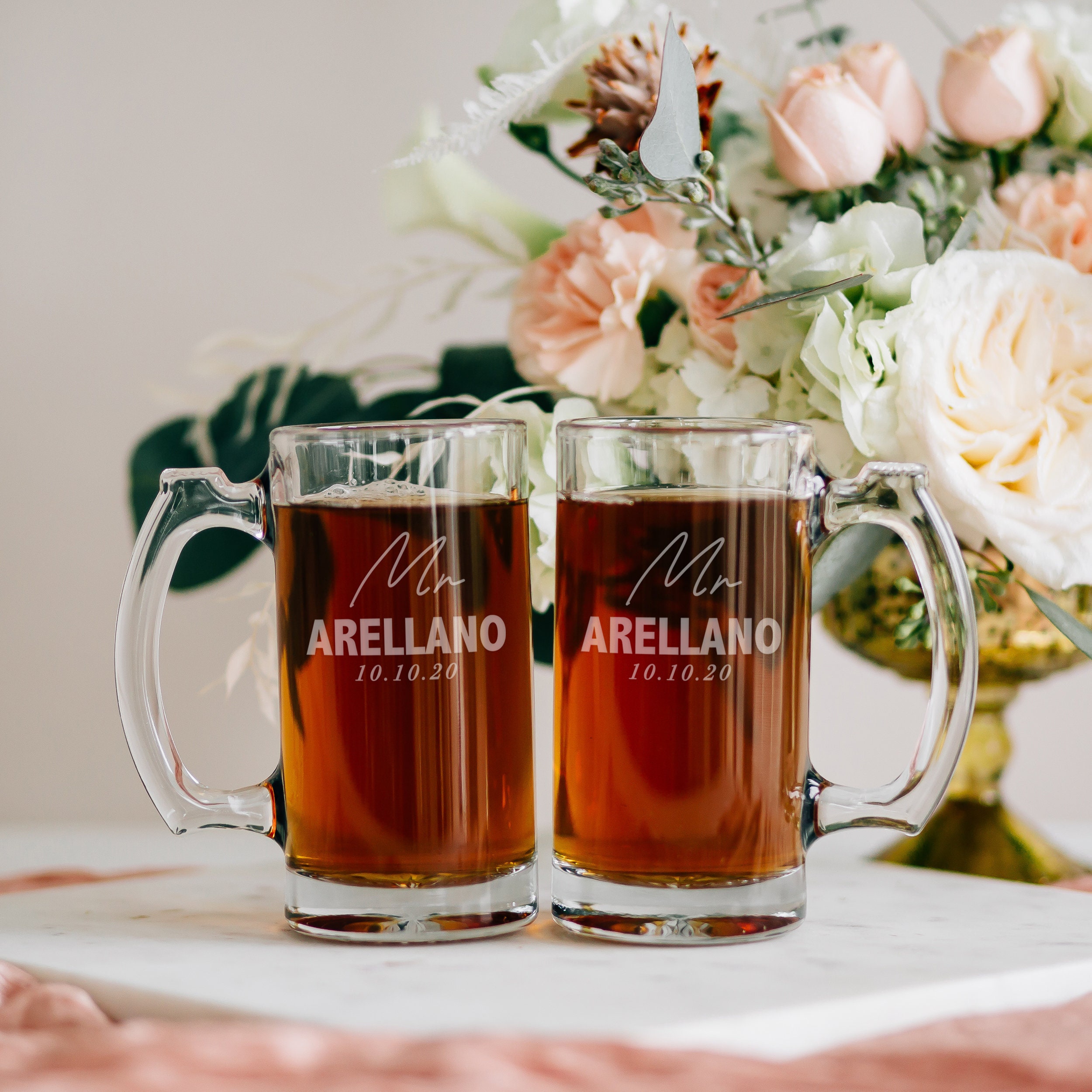 Personalized Beer Mug Set | Set Of Two Pair Custom Engraved Handled Glass 12Oz, Wedding Glasses, Anniversary Present, Engagement Gift