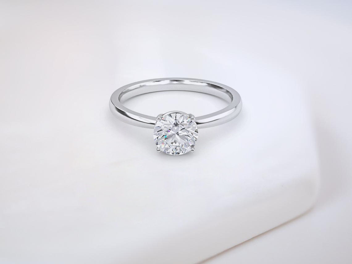 Solitaire Round Moissanite Engagement Ring, 14K White Gold Over 925 Sterling Silver, Stacking Matching Ring For Her