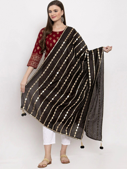 Women's Silk Blend Black & Gold-Toned Gotta Patti Dupatta Free Shipping
