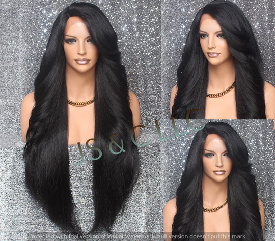 40" Extra Long Human Hair Blend Full Lace Front Wig Romantic Straight & Bangs Black Natural Mono Side Part Heat Safe