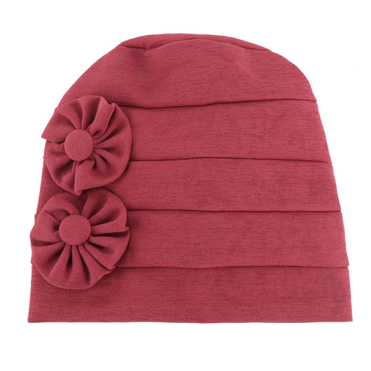 Women Beanie Solid Color Flowers Soft Elastic Linen Blend Head Wrap Hat for Daily Life - red