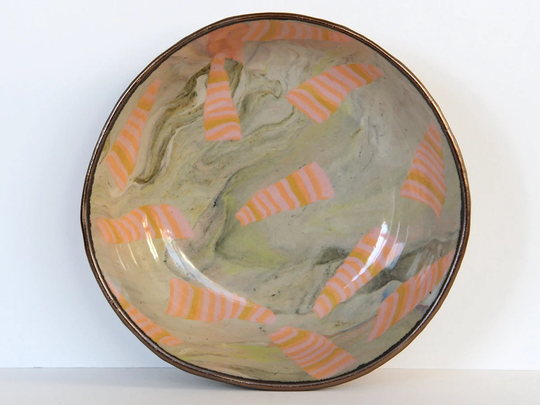 Colorful Patterned Nerikomi Bowl, Stoneware Ramen Bowl, Sage Marbled Soup Dish, Pink Yellow Orange Striped Design Ceramic Gold Pottery