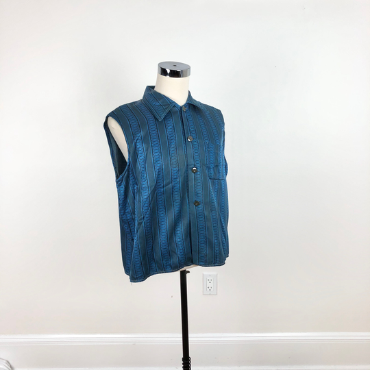 1940S Navy Blue Striped Sleeveless Satin Pajama Shirt L