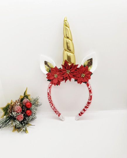 Poinsettia Unicorn Headband; Christmas Unicorn; Ugly Sweater Party; Funny Headbands; Kid's