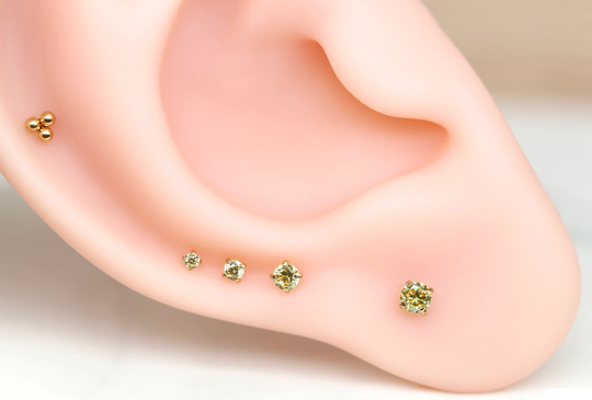 Threadless Gold Plated Prong Cz Yellow Gem Earrings, Tragus/Cartilage/Conch/Forward Helix Earring, Nose Push Pin Labret Flat Back Earrings