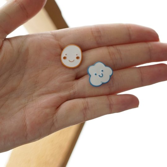 Happy Cloud Stud Earrings Unique Face Emoji Handmade Smiley Fun Quirky