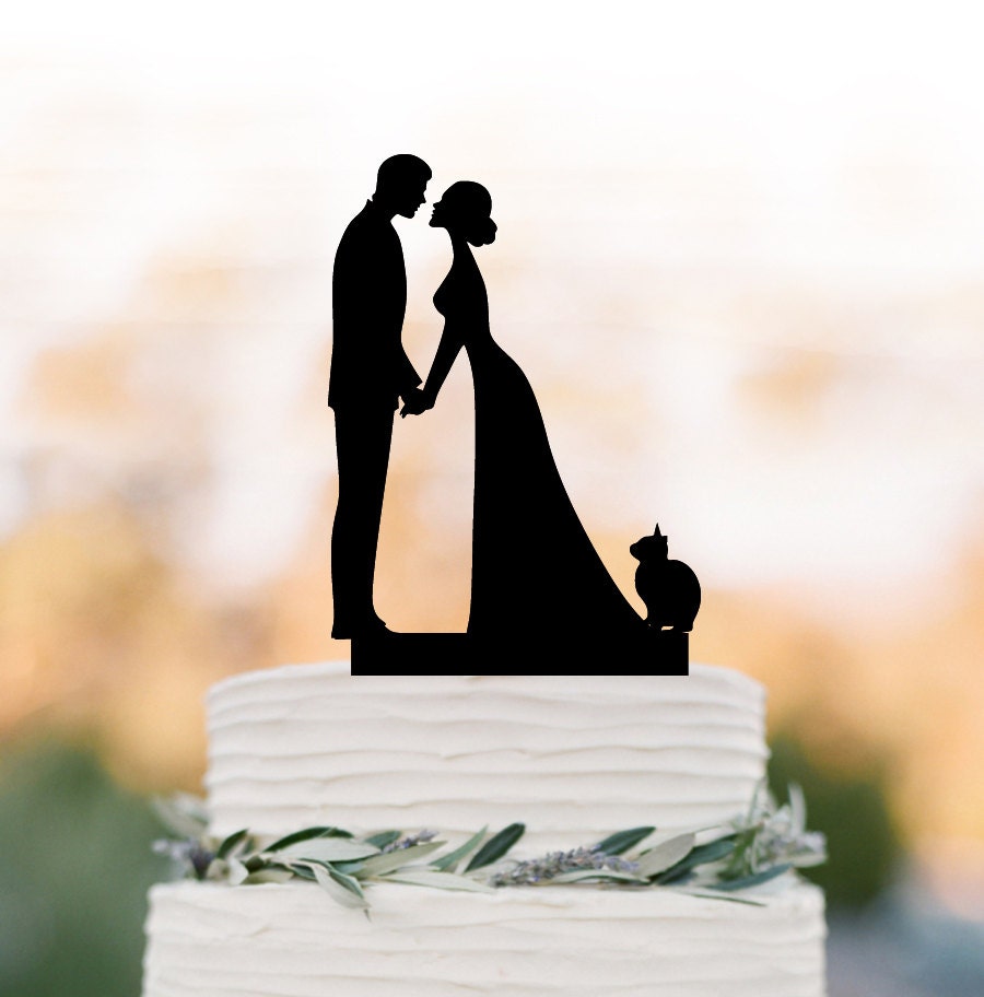 Wedding Cake Topper With Cat, Family Topper Bride & Groom Silhouette, Funny Wedding Cake Topper, Anniversary