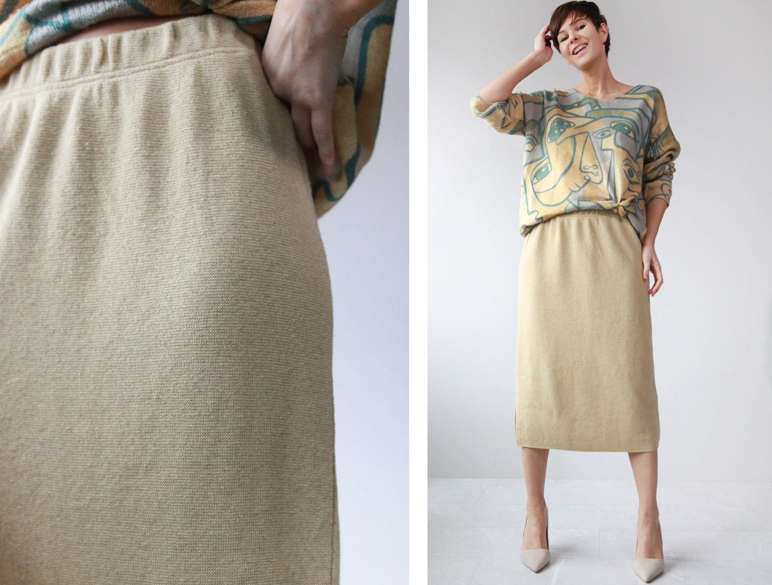 Vintage Beige Cotton Linen Blend Knit Fitted High Waist Over Knee Length Midi Skirt L Xl