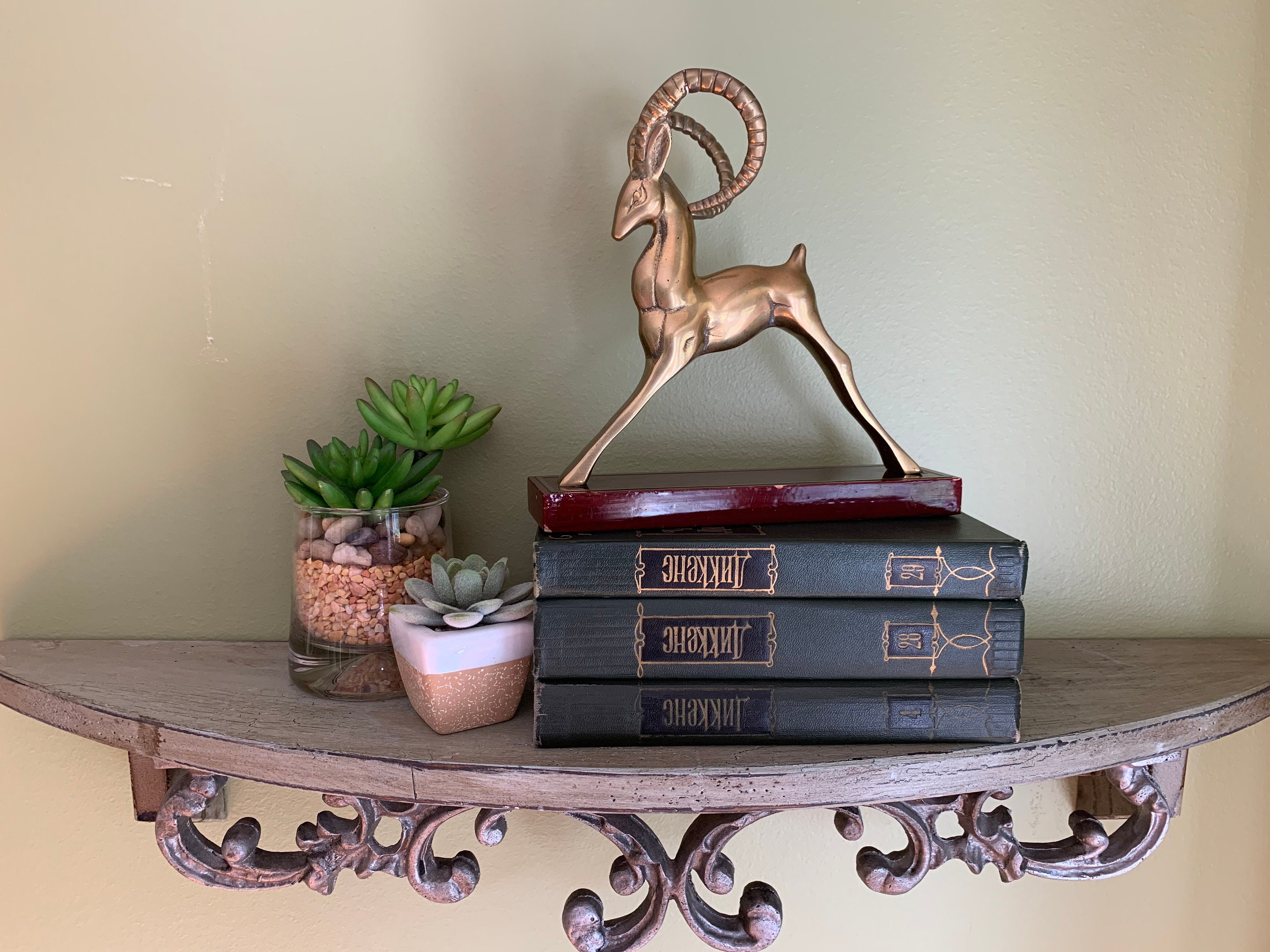 Mid Century Brass Ram Figurine On Wooden Base/ Gazelle