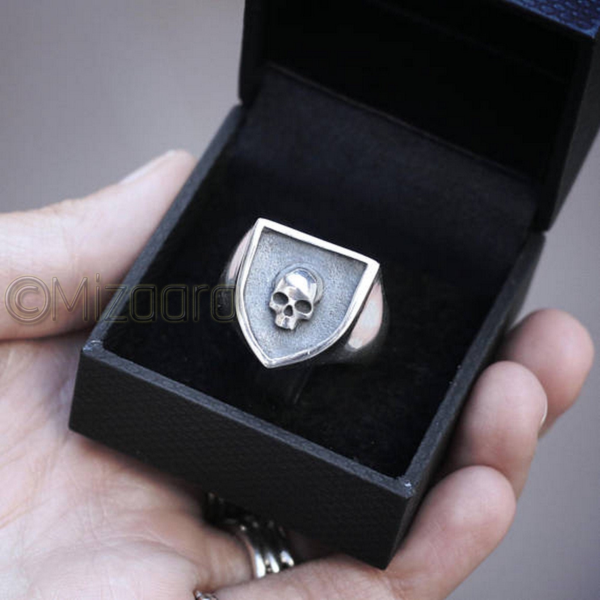 Half Skull Shield Signet Ring 925 Silver Black Enamel Boy's Biker Hip Hop Gift For Him Head
