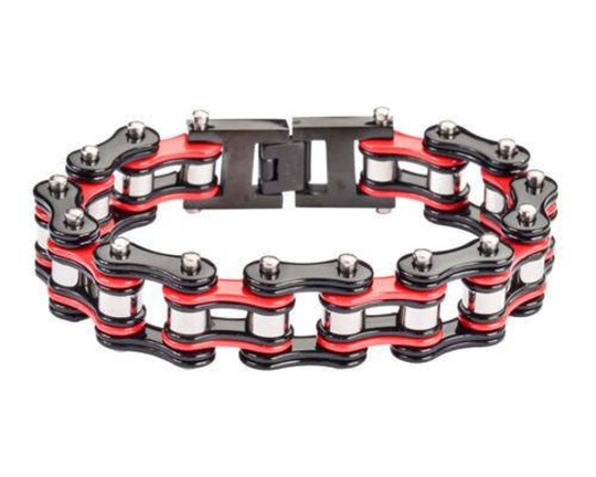 Heavy Metal Jewelry Tri Color Black Red Silver 3/4 Inch Wide Double Link Design Unisex Stainless Steel Motorcycle Chain Bracelet