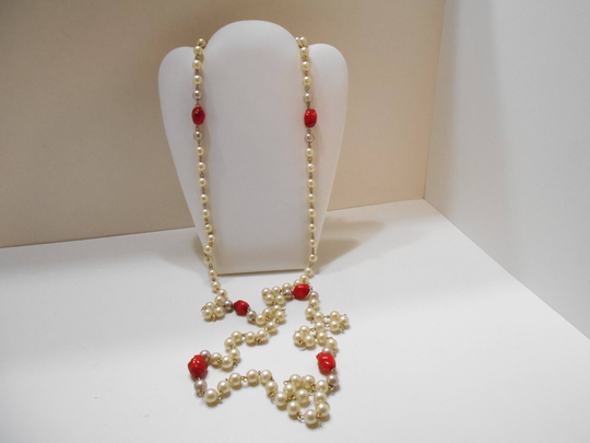 Vintage Faux Pearl & Red Beaded 52" Necklace | 1266 8mm