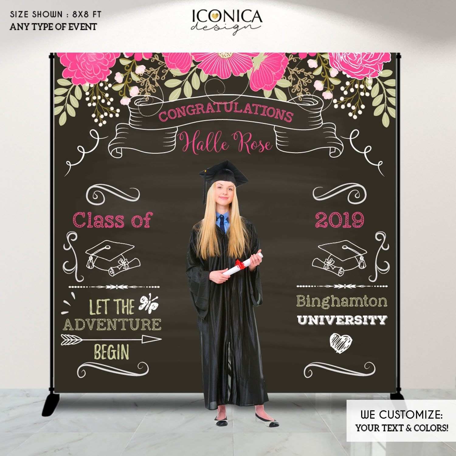 Graduation Party Photo Booth Backdrop, Virtual Floral Step & Repeat, Congrats Grad, Banner Printed Or Printable File Bgr0013