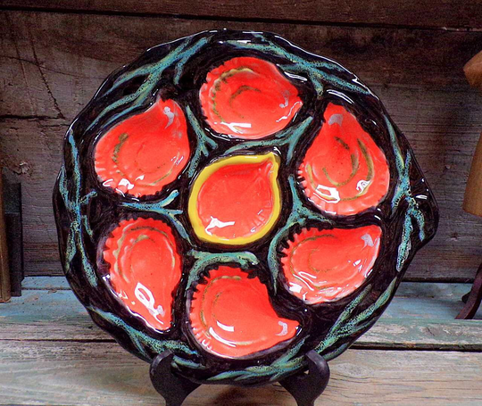 French Vintage Red Barbotine Oyster Plate Vallauris Style Hand Made Signed S949