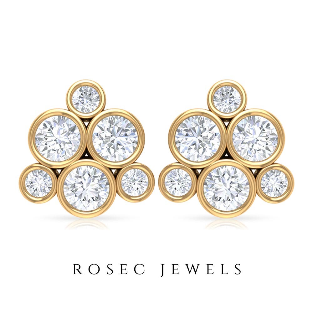 Diamond Cluster Earrings, 1/2 Ct Bezel Set Stud Modern Earrings