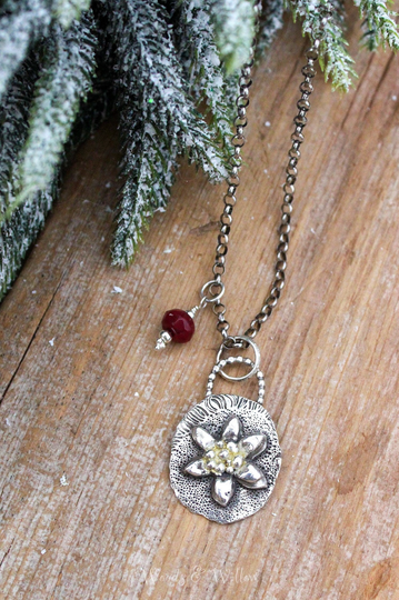 Silver Pomegranate Necklace, Ruby Artisan Botanical Necklace
