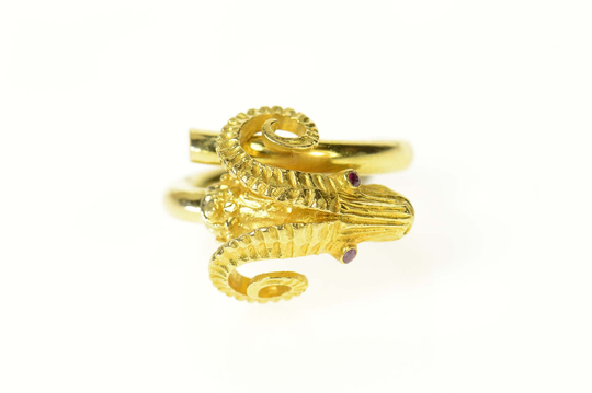18K Ruby Eyed Ram Aries Zodiac Sign Astrology Ring Size 5.75 Yellow Gold