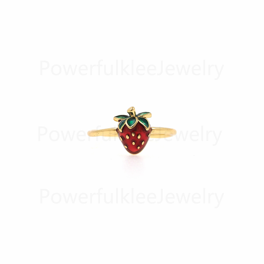 18K Gold Filled Strawberry Ring, Strawberry Enamel Ring, Fruit Charm Ring, Gold Open Ring, Adjustable Ring, Gift For Her, Jewelry Making