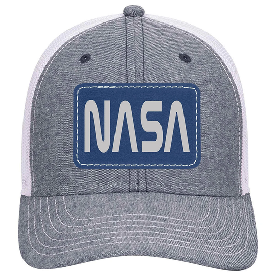 Nasa Letter Leatherette Patch Cotton Blend Chambray 6 Panel Low Profile Mesh Back Trucker Hat - For Men & Women