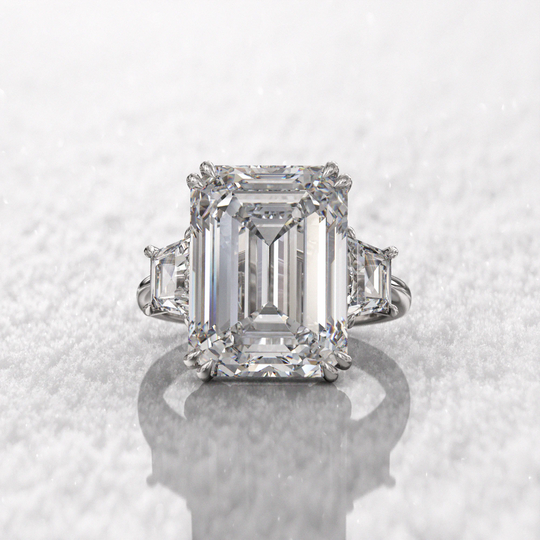 10Ct Moissanite Emerald Cut Engagement Ring & 2 Trapezoid Side Stones