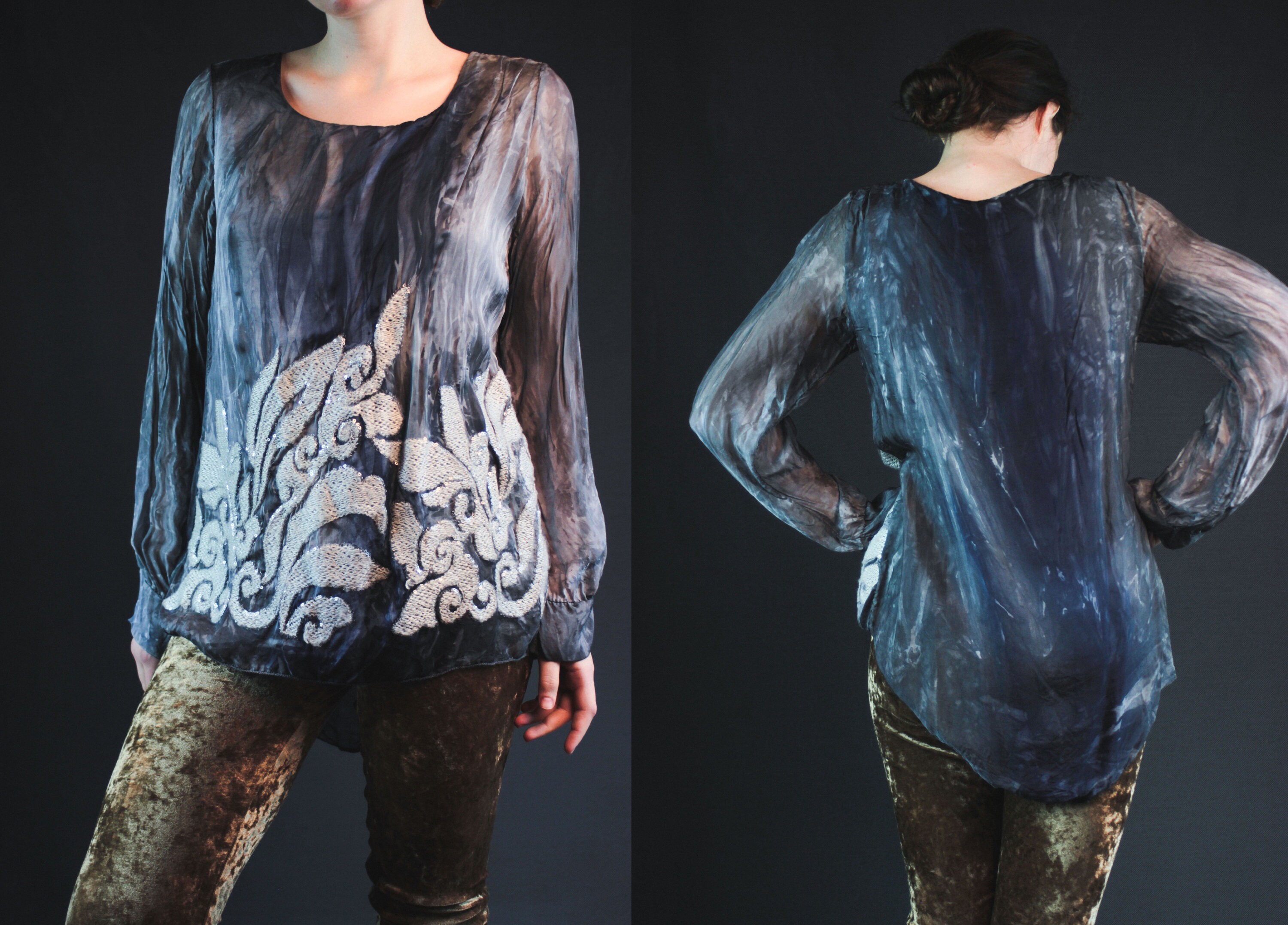Y2K Silk & Cotton Blend Blue Black Tie Dye Fairycore Clothing Top Goblincore Cottagecore Dark Witchy Floral Sequin Blouse Embroidery