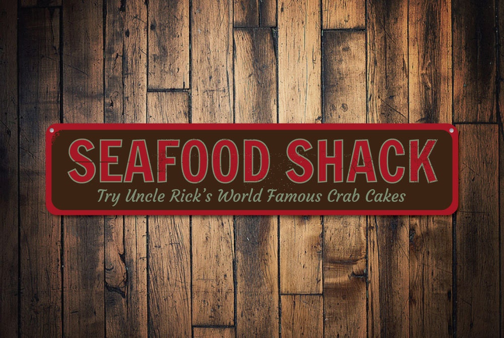 Seafood Shack Sign, Personalized Beach House Restaurant World Famous Crab Cakes Custom Decor - Quality Aluminum Seafoods