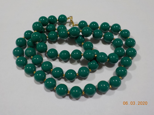 Vintage 30" Bluish Green Beaded Necklace | 428 Gold Tone Spacers