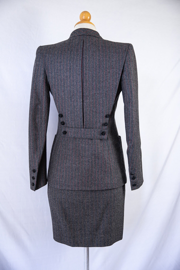 1970S Valentino Blazer Skirt Suit Set/Grey & Red Pinstripe Extra Small