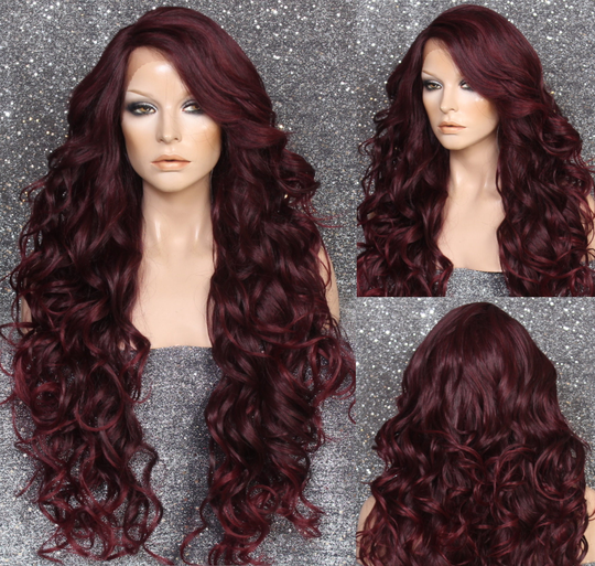 Extra Long Human Hair Blend Lace Front Wig 38" Curly Burgundy Mix Heat Safe Cancer/Alopecia/Theater/Cosplay/Club
